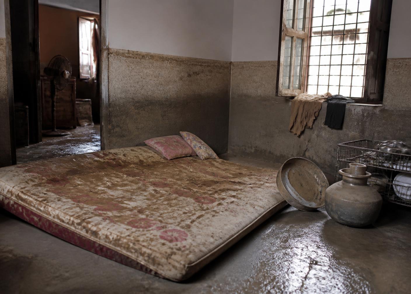 A waterlogged mattress and household utensils inside a modest home after floodwater receded